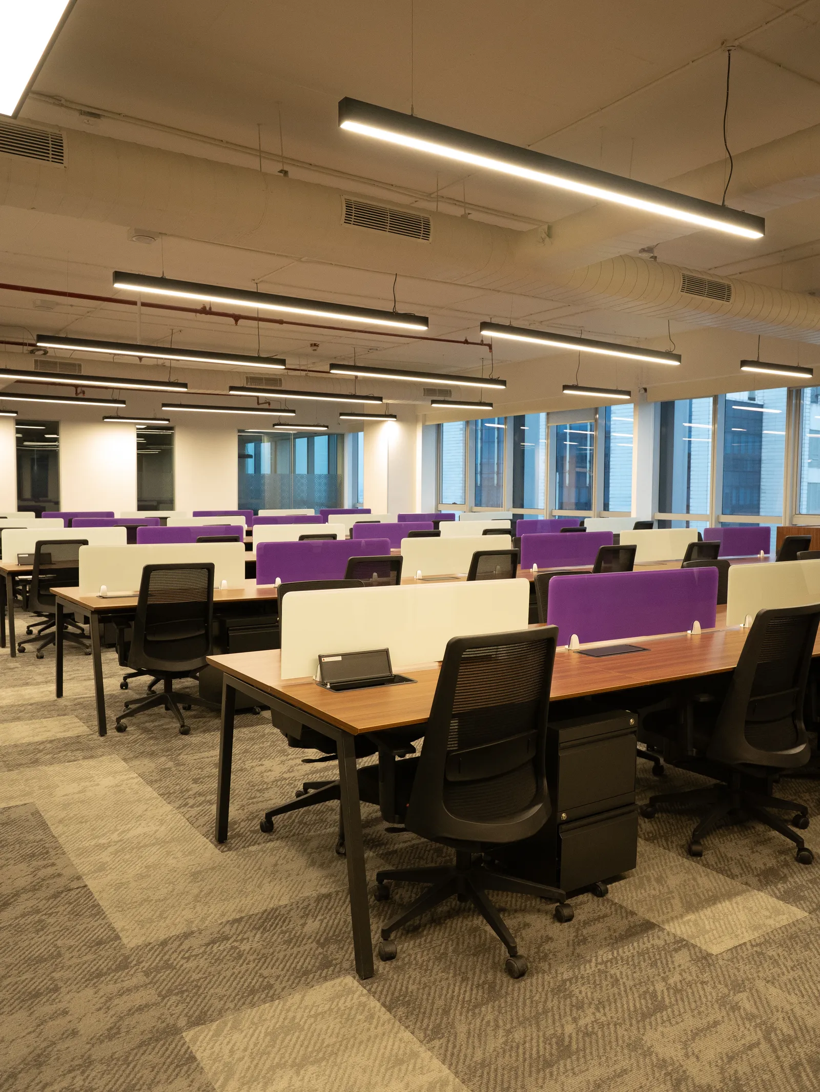 Workstation rows with ergonomic chairs — Moschip